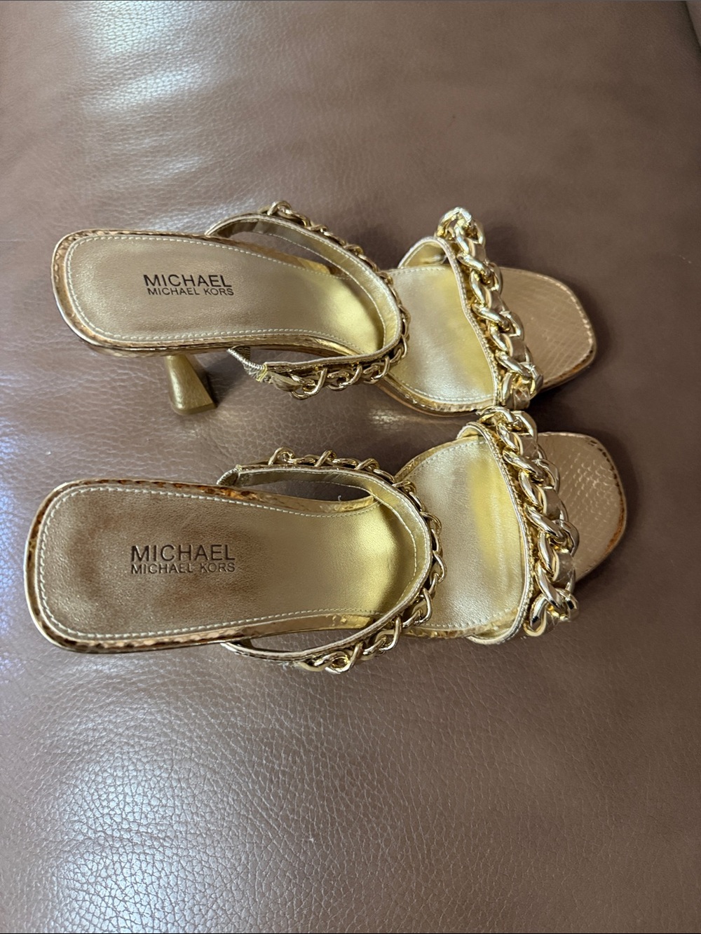 Michael Kors Metallic Gold Chain-Trim Heeled Sandals